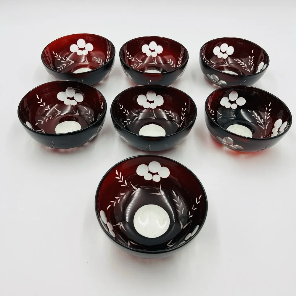 Set of‎ 7 Hand Blown Bohemian Ruby Cut to Clear Glass Bowls Floral Wheat Bubbles